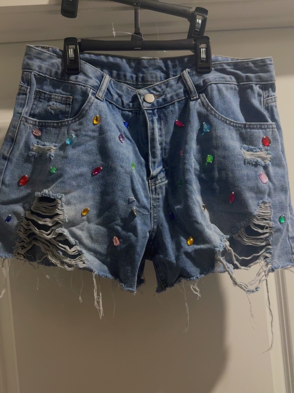 Laundry By Shelli Segal Blue Distressed Denim Shorts with Multicolor Gems